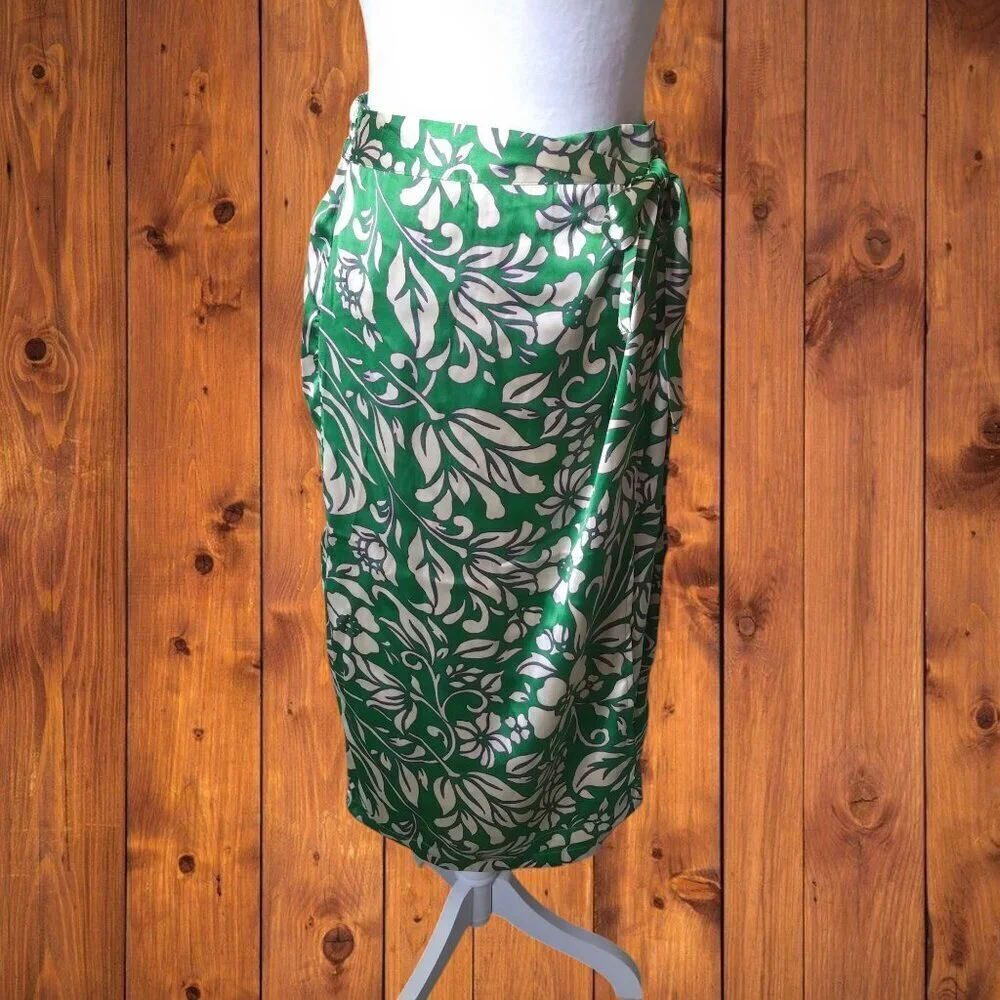 Japna Size Large Green Floral Faux Wrap Skirt With Back Elastic Side Tie Beach
